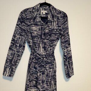 Coldwater Creek Navy Ivory Abstract Print Belted Trench Coat